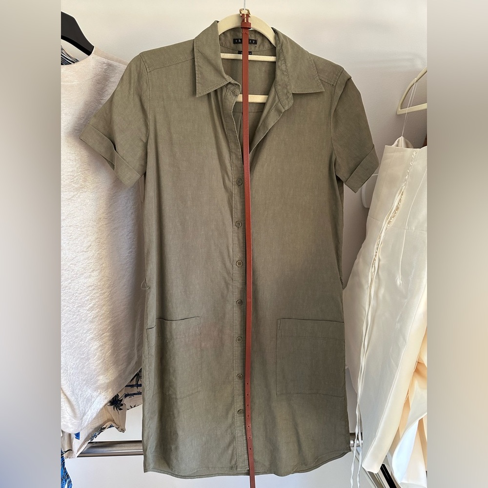 Theory Linen Short Sleeve Button Down Dress (with brown belt) - green